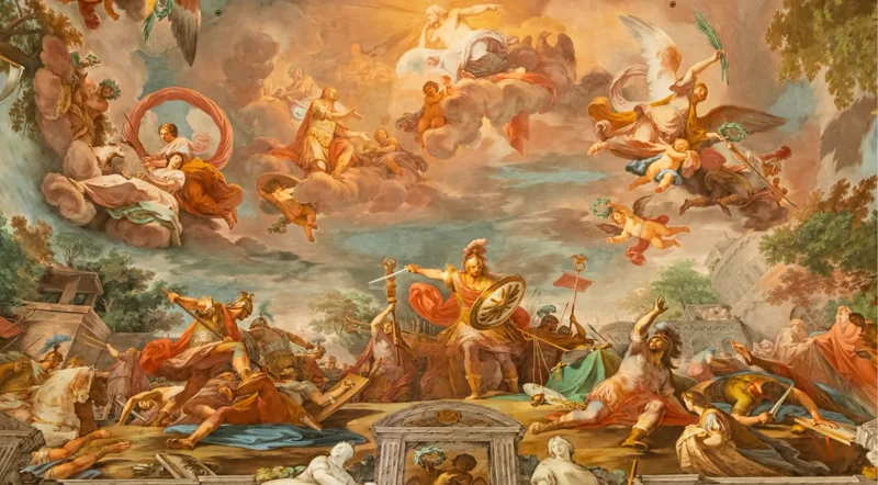 Painted ceiling at the Borghese Gallery, part of the 17th-century villa decor framing every room