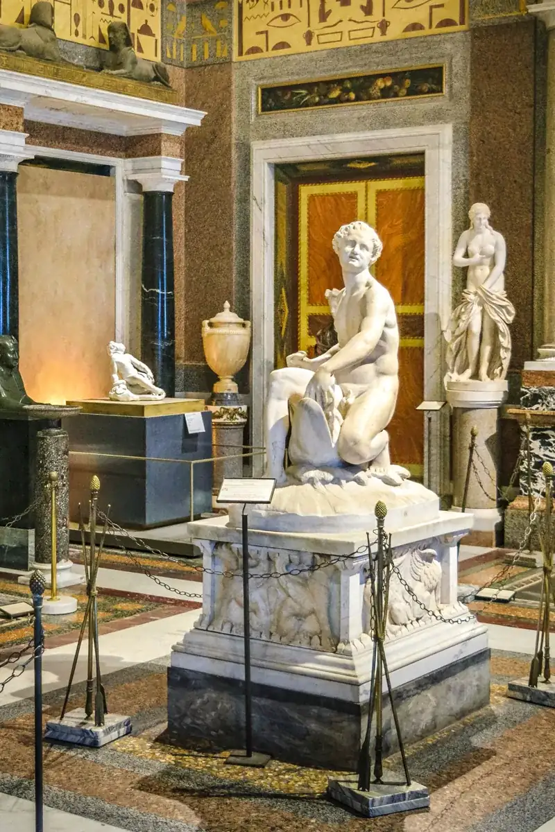 Egyptian Room at the Borghese Gallery designed in 1778, with Roman sculpture under a Conca-painted ceiling