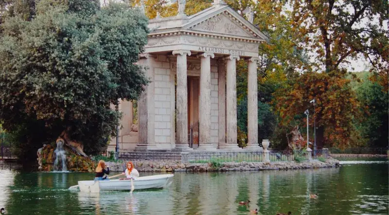 The Temple of Aesculapius on the lake in Villa Borghese park, a five-minute walk from the gallery